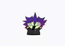 a cartoon drawing of a person with purple hair and green eyes