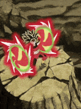 a cartoon character is surrounded by a red and green circle
