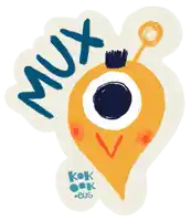a sticker with a face and the word mux