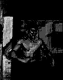 a black and white drawing of a man without a shirt .