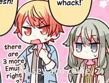 a cartoon of a boy and a girl with the words " there are 3 more emus kelsey and callie right " on the bottom