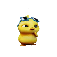 a yellow cartoon chicken wearing sunglasses and a question mark above its head