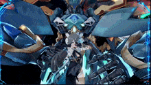 a girl is standing in front of a robot with a blue light coming out of it