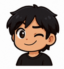 a cartoon boy with black hair is smiling and winks .