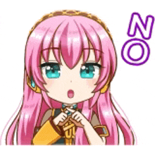 a sticker of a girl with pink hair and blue eyes making a peace sign .
