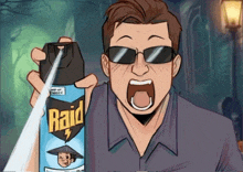 a man wearing sunglasses is holding a raid insect spray