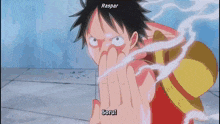 monkey d luffy from one piece is holding his hand up and saying soru !