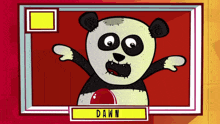 a cartoon panda bear is named dawn and is holding a red ball
