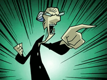 a cartoon drawing of a man with glasses pointing at something