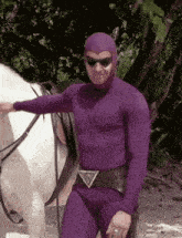 a man in a purple superhero costume is petting a white horse