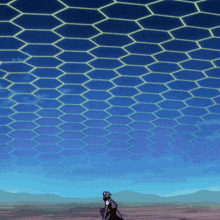 a cartoon character is standing in front of a blue sky with a honeycomb pattern