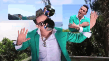 a man in a green jacket and white shirt has the number 18 on his necklace