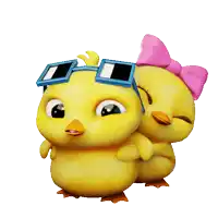 a couple of cartoon chickens wearing sunglasses and a pink bow