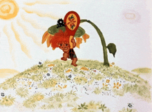 a cartoon bird is flying over a spoon
