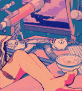 a cartoon drawing of a woman laying on the floor with a bowl of soup