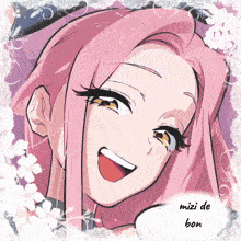 a drawing of a girl with pink hair and the words mizi de bon below her