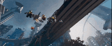 a group of lego figures flying over a city