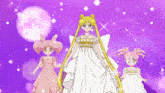 a girl in a white dress stands next to two other girls in pink dresses