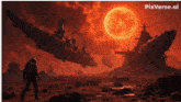 a man in a helmet stands in front of a large ship and a red moon with pixverse.ai written on the bottom right