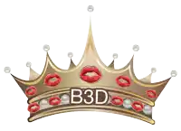 a gold crown with red lips and pearls and the letters b3d