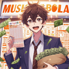 a man is holding a ticket and a bag of money in front of a sign that says muse bola