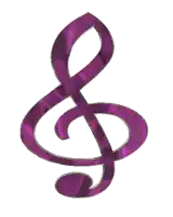 a purple treble clef with a silver outline on a white background