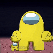 a yellow among us character is holding a baby in his arms .