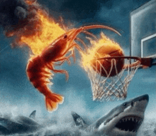 a flaming shrimp is trying to dunk a basketball into a hoop surrounded by sharks