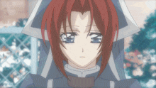 a girl with red hair and blue eyes is wearing a blue and white outfit