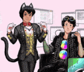 a man in a cat suit is holding a clock