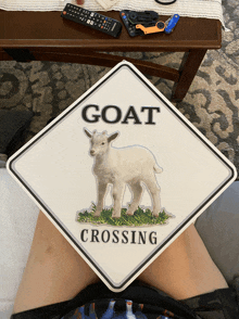 a goat crossing sign is sitting on a person 's lap
