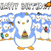 a group of penguins are standing around a penguin holding a cake
