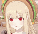 a blonde anime girl with red eyes is wearing a hamburger hat