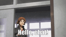 a cartoon character says hello chat in front of a door