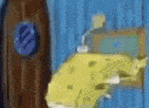 a painting of a spongebob squarepants character standing next to a door