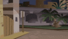 a cartoon of a man riding a motorcycle in front of a building and palm trees .