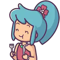 a cartoon drawing of a girl with blue hair holding a fork and knife