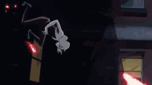 a cartoon character is flying through the air with a red light coming out of her hand