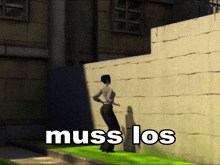 a cartoon of a woman jumping over a wall with the words muss los written below her