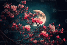 a full moon is shining through a cherry blossom tree at night .