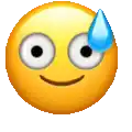 a yellow smiley face with a blue drop of sweat on it 's forehead .