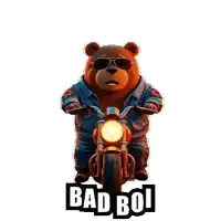 a teddy bear wearing sunglasses is riding a motorcycle with the words bad boi below it
