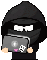 a cartoon character in a black hoodie is holding a laptop with an anonymous mask on it