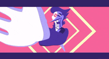 a cartoon character with a purple hat and a white hand