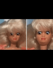 a close up of a barbie doll 's face with big eyes .