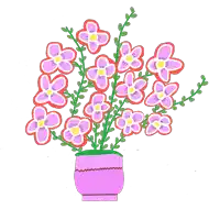 purple flowers in a pink vase with green leaves