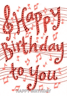 a happy birthday card with music notes and a treble clef on a white background .