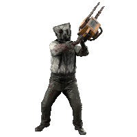 a man in a mask is holding a chainsaw with a box on it