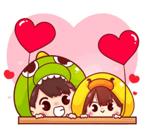 a boy in a dinosaur costume and a girl in a duck costume are holding balloons in their hands
