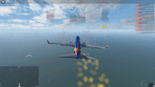 a southwest airplane is flying over the ocean